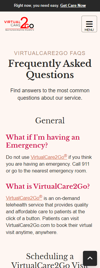 VirtualCare2Go Mobile FAQ Screen