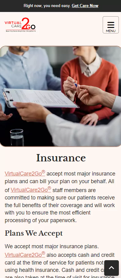 VirtualCare2Go Insurance Mobile Screen